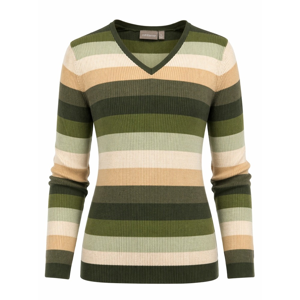 Croft & Barrow Sweater Womens XL Striped V Neck Cotton Green Beige Knit